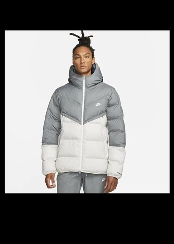 Nike Gri Beyaz Kaz Tuyu Orjinal Kapusonlu Sisme Mont
