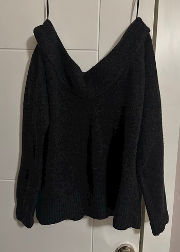 Siyah Düşük Omuz Örgü Kadın Kazak - Görsel 4