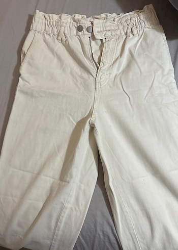 Kadın Pamuklu Beyaz Düğmeli Rahat Kumaş Pantolon - Görsel 2