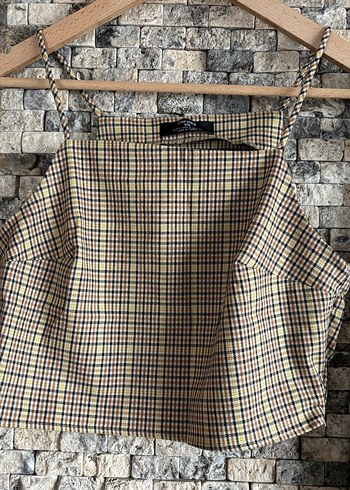 Ekoseli Gri Kemerli Kadın Kumaş Pantolon ve Crop - Görsel 2