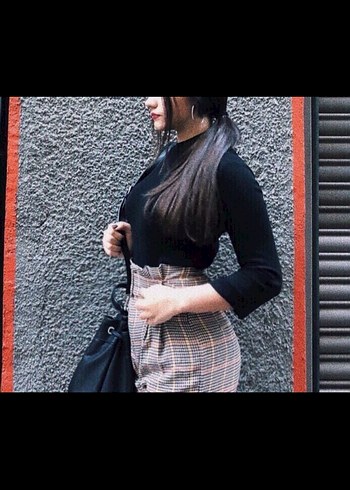 Ekoseli Gri Kemerli Kadın Kumaş Pantolon ve Crop - Görsel 7