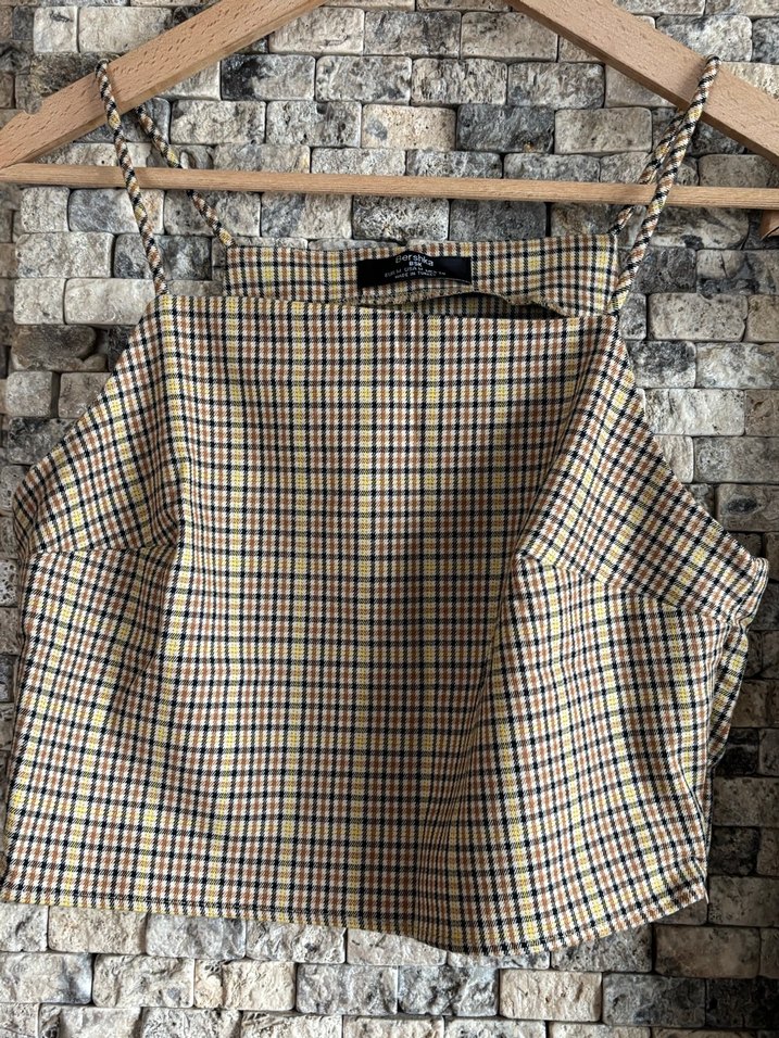 Ekoseli Gri Kemerli Kadın Kumaş Pantolon ve Crop - Görsel 2