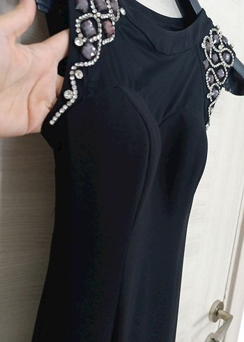 Siyah V Yaka Uzun Drapeli Kadın Elbise - Görsel 2