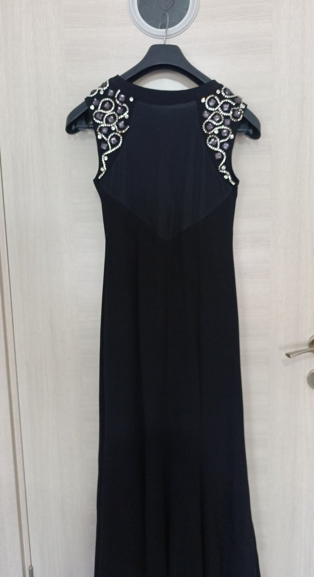 Siyah V Yaka Uzun Drapeli Kadın Elbise - Görsel 5