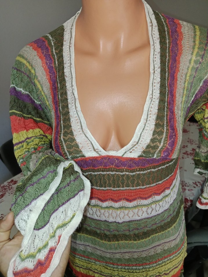 Bohem V Yaka Uzun Kollu Örgü Elbise - Görsel 2