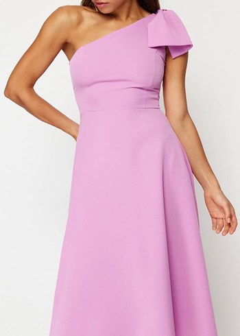 Pudra Tek Omuz Midi Kokteyl Elbisesi - Görsel 2