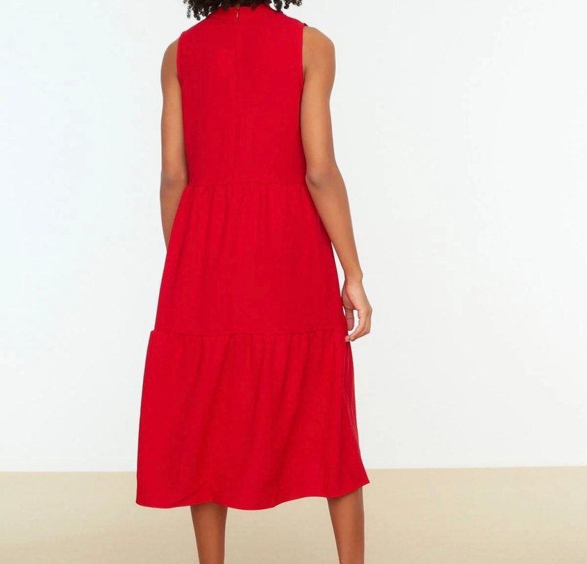 Kırmızı Kolsuz Midi Elbise - Görsel 2