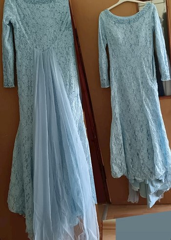 Uzun Kollu Mavi Dantel Vintage Nişan Elbisesi