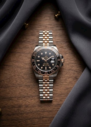 Rolex İki Renkli Metal Bilezikli Siyah Kadranli Sik Saat