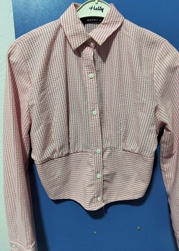 Diğer Pudra Pembe Cizgili Crop Gomlek