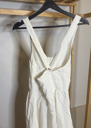 Düğmeli Beyaz Keten Uzun Kadın Elbise - Görsel 3