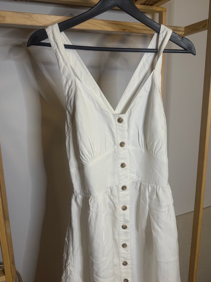 Düğmeli Beyaz Keten Uzun Kadın Elbise - Görsel 2