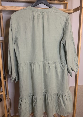 V Yaka Bej Midi Keten Elbise - Görsel 2