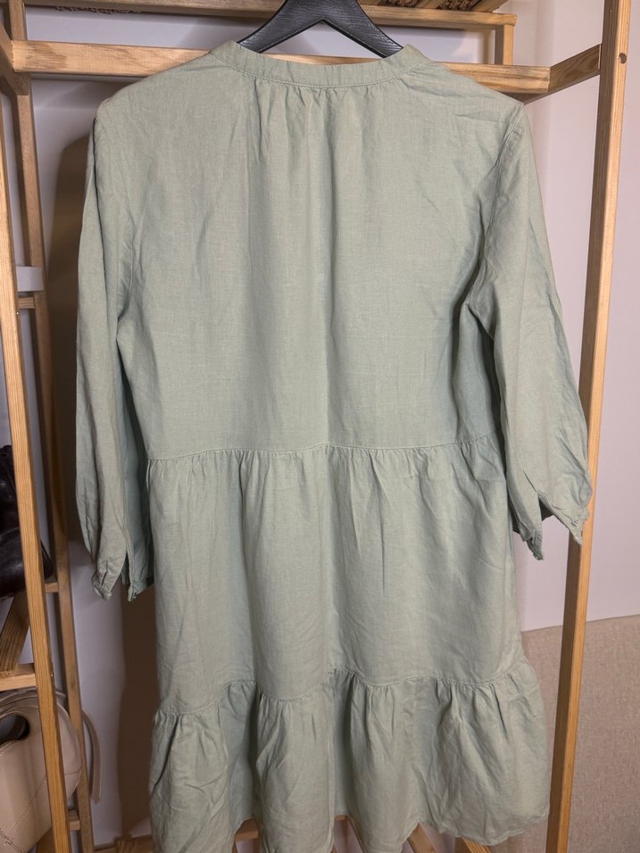 V Yaka Bej Midi Keten Elbise - Görsel 2