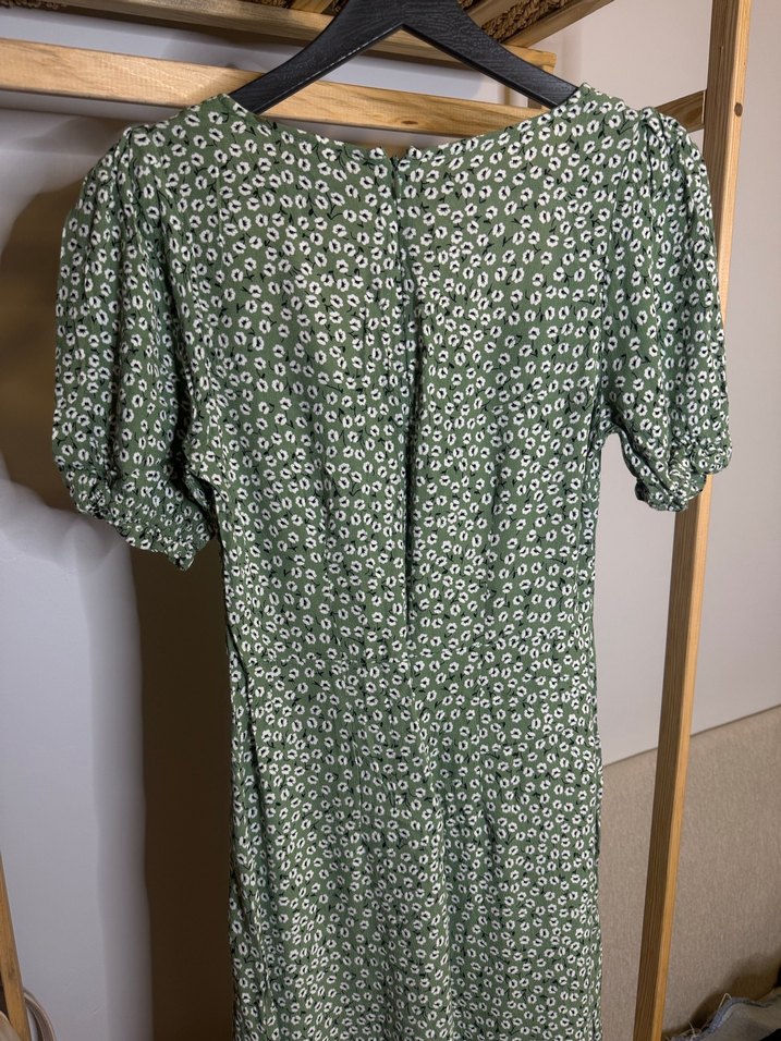 V Yaka Düğmeli Yeşil Bohem Uzun Elbise - Görsel 3