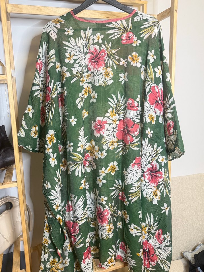 Çiçek Desenli Yeşil Uzun Bohem Kadın Kimono - Görsel 3