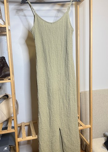su yeşili Örme Keten Uzun Elbise - Görsel 3