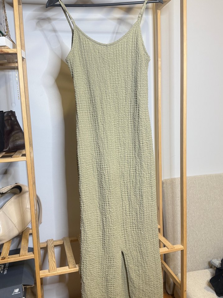 su yeşili Örme Keten Uzun Elbise - Görsel 3