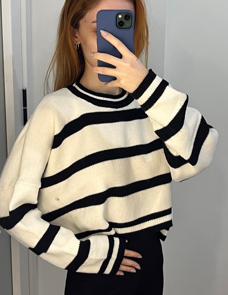 Çizgili Rahat Örgü Kazak - Görsel 2