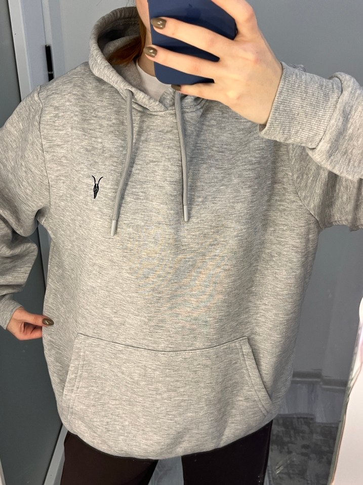 Kadın Gri Kapüşonlu Salaş Sweatshirt - Görsel 3