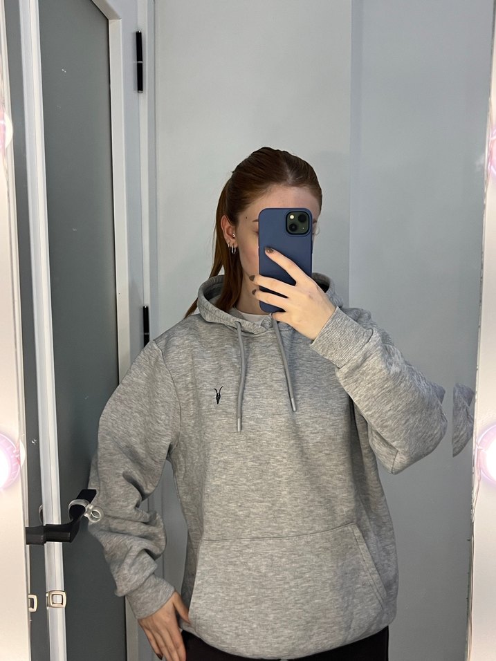 Kadın Gri Kapüşonlu Salaş Sweatshirt - Görsel 2