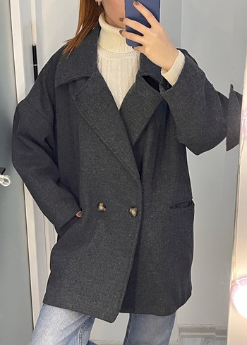 Çift Düğmeli Antrasit Kaban - Görsel 2