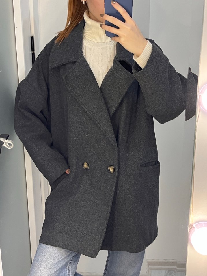 Çift Düğmeli Antrasit Kaban - Görsel 2