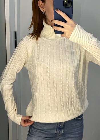 Kadın Beyaz Balıkçı Yaka Triko Kazak - Görsel 2
