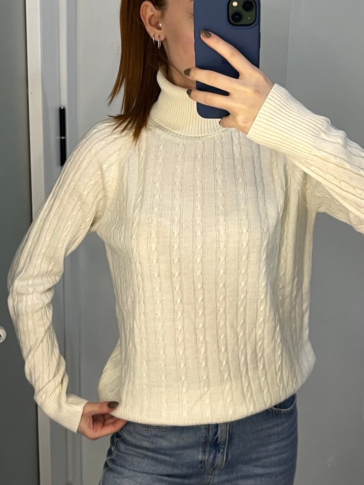 Kadın Beyaz Balıkçı Yaka Triko Kazak - Görsel 2