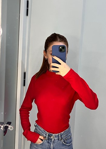 Kırmızı Yüksek Yaka Kadın Triko - Görsel 3