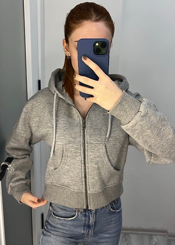 Gri Fermuarlı Kadın Sweatshirt - Görsel 2