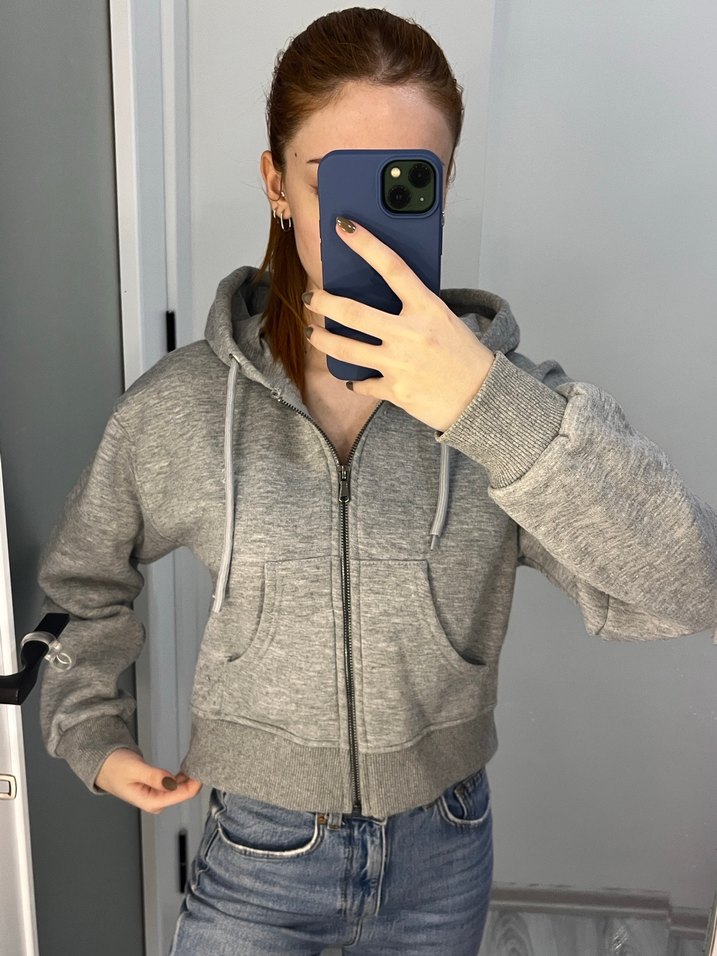 Gri Fermuarlı Kadın Sweatshirt - Görsel 2