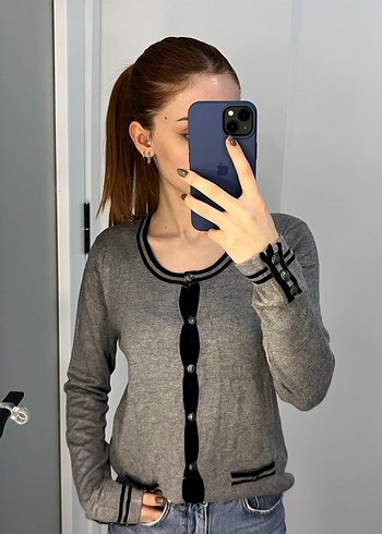 Düğmeli Gri Kadın Triko Hırka - Görsel 3