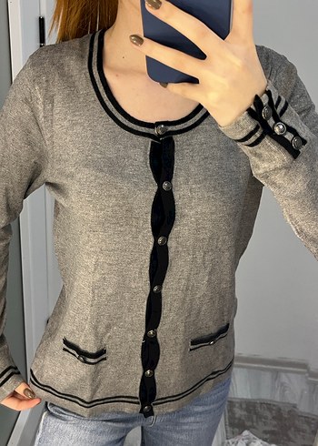 Düğmeli Gri Kadın Triko Hırka - Görsel 2