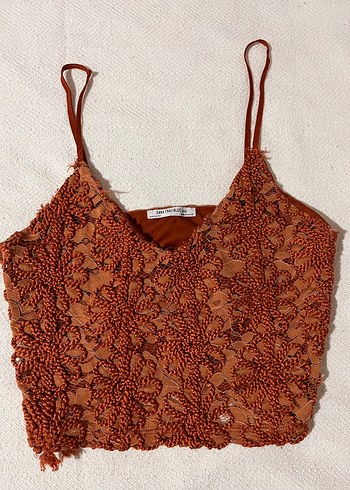 Zara Tarcin Kahverengi Dantel Crop Top