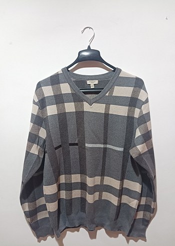 Burberry Gri Ekose V Yaka Triko Kazak