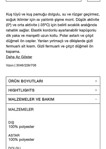 l Beden zara kuş tüyü su ve rüzgar geçirmez
