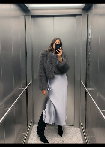 Zara Gri Uzun Kollu Kürk Detaylı Kadın Ceket