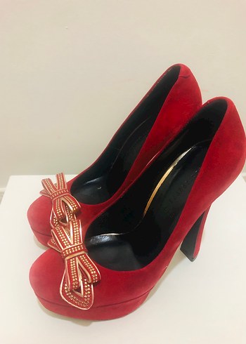Kırmızı Süet Fiyonklu Yüksek Topuklu Stiletto - Görsel 2
