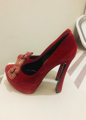 Kırmızı Süet Fiyonklu Yüksek Topuklu Stiletto - Görsel 3