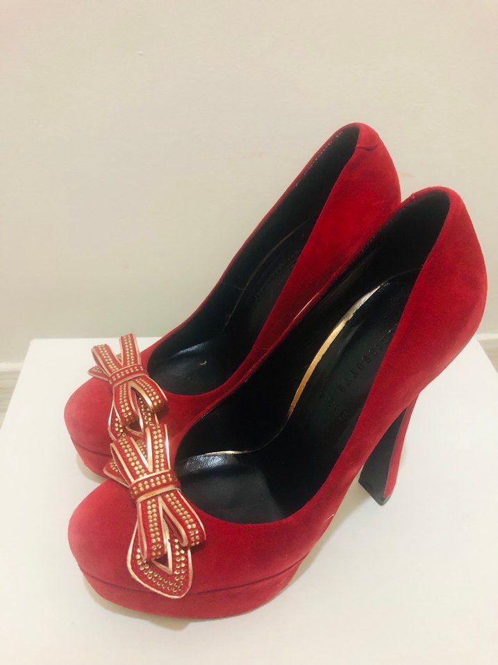 Kırmızı Süet Fiyonklu Yüksek Topuklu Stiletto - Görsel 2