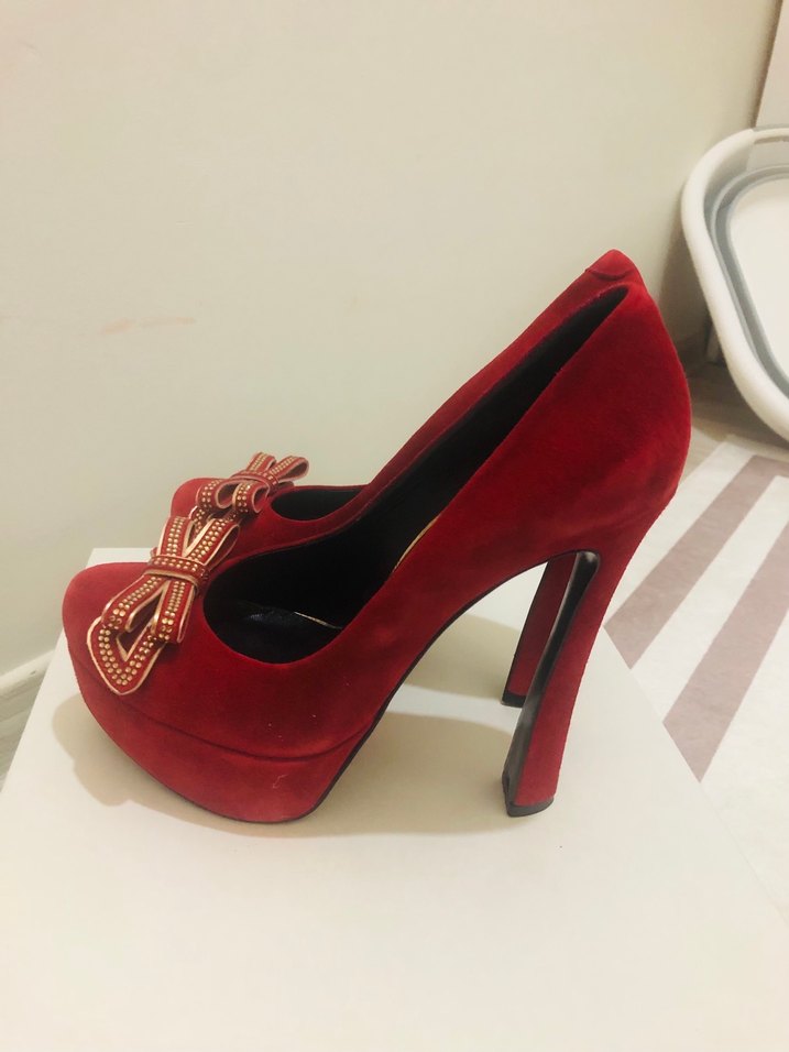 Kırmızı Süet Fiyonklu Yüksek Topuklu Stiletto - Görsel 3