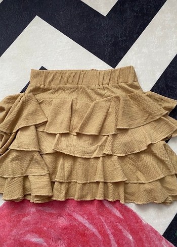 Bej Keten Mini Etek Fırfırlı