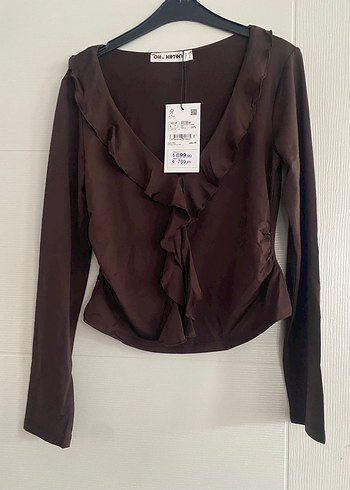 Kahverengi V Yaka volanla şık bluz - Görsel 2