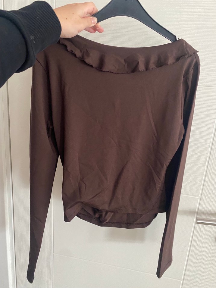 Kahverengi V Yaka volanla şık bluz - Görsel 4