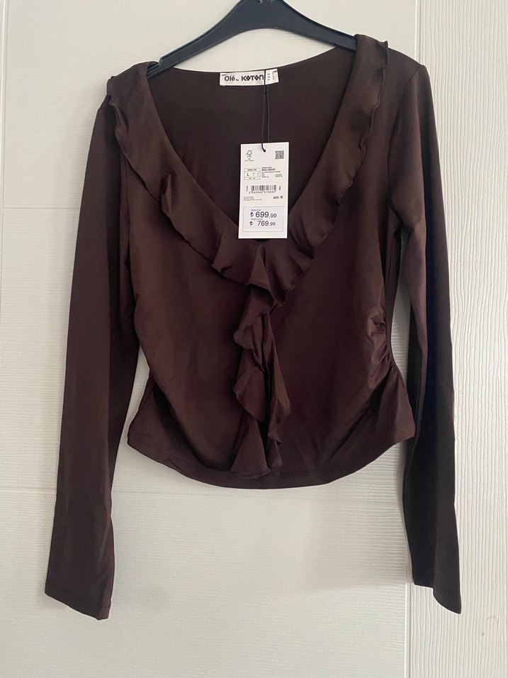 Kahverengi V Yaka volanla şık bluz - Görsel 2