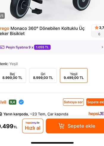 Beden Gri Prego Çocuk Üç Tekerlekli Bisiklet