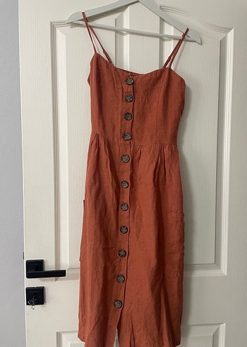 Düğmeli kiremit Midi Keten Elbise - Görsel 2