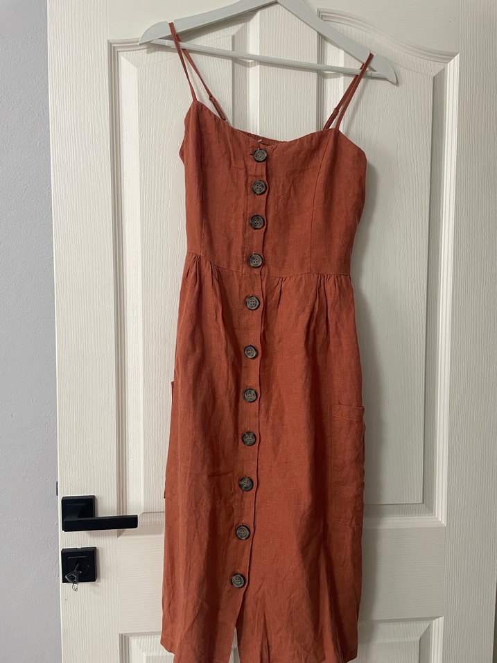 Düğmeli kiremit Midi Keten Elbise - Görsel 2