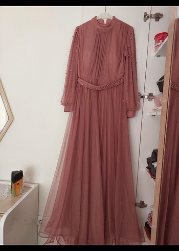 Pembe Uzun Kollu Drapeli Abiye Elbise